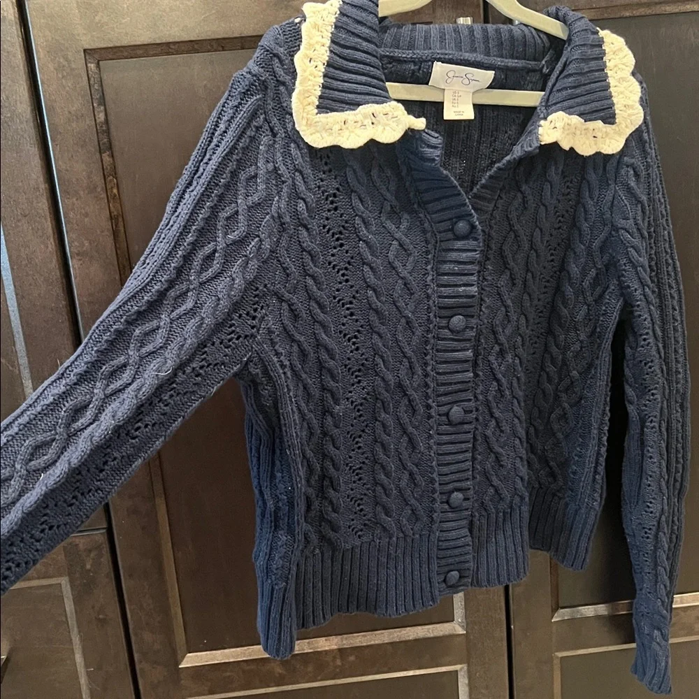 Jessica Simpson Navy Cable Knit Cardigan with Cream Collar EUC - Picture 4 of 6